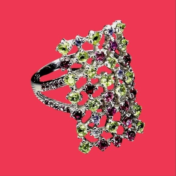 925 Sterling Silver Ring Sz 8.75 with Natural Peridot, Rhodolite Gemstones - Picture 3 of 3
